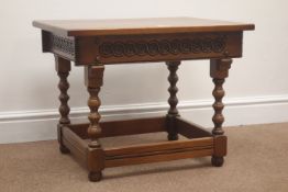 Early 20th century oak occasional table, carved frieze on turned supports with stretchers,