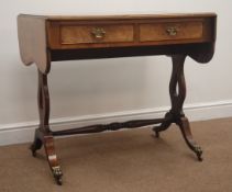 Edwardian walnut sofa table, two real and two false drawers, shaped supports joined by stretcher,