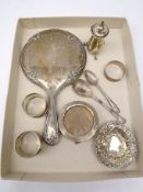 Silver trinket dish, napkin rings, spoons approx 4.