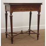 French style walnut marquetry fold over card table with leather inset, inlaid frieze,