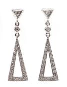 Pair of 18ct white gold diamond triangle pendant earrings,