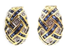 Pair of 18ct gold sapphire and diamond crossover earrings,