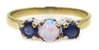 Sapphire and opal three stone 9ct gold ring hallmarked Condition Report size Q-R 2.