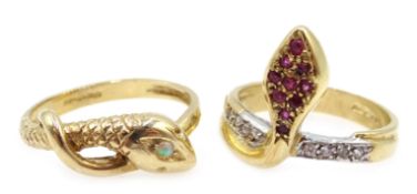 Two 9ct gold ruby and gem set snake rings hallmarked Condition Report 6.