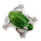 White gold and green enamel frog brooch with diamond eyes,