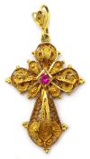 Gold filligree cross pendant set with a ruby stamped 18ct, 4cm Condition Report 3.