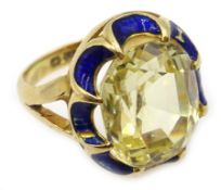 Yellow sapphire and blue enamel 18ct gold ring,