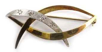 Mid 20th century continental 14ct white and yellow gold brooch set with three diamonds