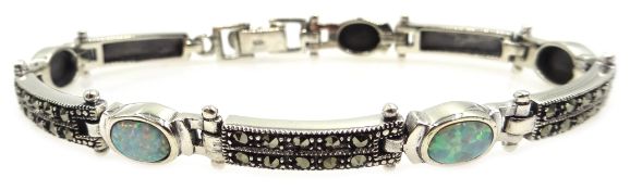 Silver opal and marcasite link bracelet stamped 925 Condition Report <a