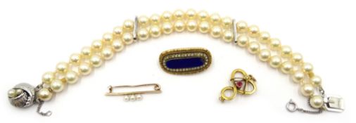 Two row simulated pearl and silver bracelet, Victorian gold enamel and seed pearl brooch,
