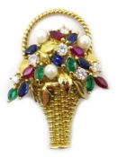 Gold diamond, emerald, ruby, sapphire and pearl flower basket brooch, hallmarked 18ct, diamonds 0.