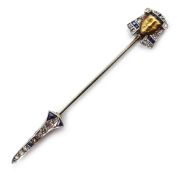Art Deco gold Pharoah pin set with diamonds and sapphires stamped 18ct Condition Report