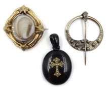Victorian oval jet picture back pendant mounted with seed pearls,