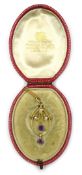 Art Nouveau gold amethyst and seed pearl pendant necklace stamped 9ct in original West & Son The