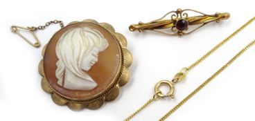 9ct gold cameo brooch and 9ct gold chain necklace both hallmarked and a garnet bar brooch stamped