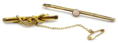 Edwardian gold rim set opal bar brooch and one other gold brooch,