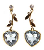 Pair of gold aquamarine and diamond heart pendant earrings,