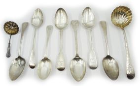 Six Georgian silver dessert spoons various makers and dates,
