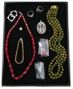 Tri-colour red jade necklace, nephrite jade pendant, diamond set silver ring,