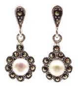 Pair of pearl and marcasite silver pendant earrings stamped 925 Condition Report