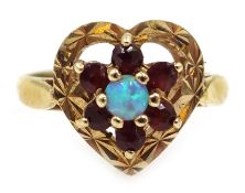 9ct gold opal and garnet heart set ring hallmarked Condition Report size j 2.