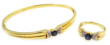 Gold sapphire and diamond hinged bangle and matching ring stamped 18k Condition Report
