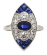 Platinum (tested) sapphire and diamond marquise shape ring Condition Report Head =