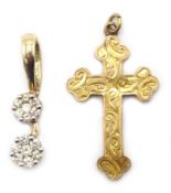 Gold flower head diamond pendant, hallmarked 9ct and gold cross pendant,