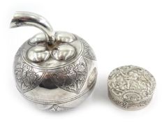 Eastern silver apple shaped container and a silver pill box hinged lid stamped 925 sterling