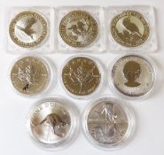 Eight one troy ounce fine silver coins; three one dollar 'The Australian Kookaburra' 1994,