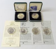 Six one ounce silver Britannia two pound coins; 1997 proof, 1998, 1999, 2000, 2001 proof and 2002,