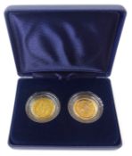 Two gold full sovereigns, Queen Victoria 1866 and Queen Elizabeth II 2002,