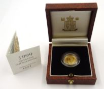 Queen Elizabeth II Royal Mint '1999 Britannia Gold Proof' one tenth of an ounce ten pound coin,