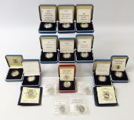 Seventeen silver proof one pound coins; fifteen United Kingdom, one Guernsey and one Alderney,