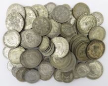 Over 720 grams of pre 1947 Great British silver coins; half crowns, florins, shillings,