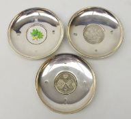 Three sterling silver Armada dishes by David R Mills London, set with Queen Victoria 1890 crown,
