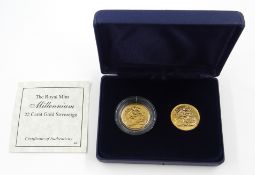 Two Queen Elizabeth II 2000 gold full sovereigns, with 'Millennium Gold' certificate,