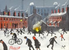 James Downie (Northern British 1949-): Bonfire in the Snow, oil on canvas signed,