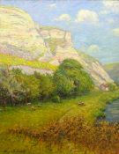 Wynford Dewhurst (British 1864-1941): 'Cliffs at Les Andelys' on the banks of the River Seine