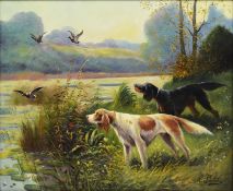 Eugene Petit (French 1839-1886): Gun Dogs Flushing Mallard off the Water,