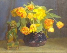 William Milner (British exh.1924-1931): Still Life of Tulips and a Chinese Dog of Fo, oil on canvas