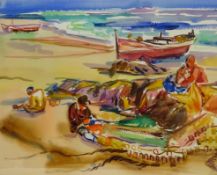 Freek van den Berg (Dutch 1918-2000): Mending Nets on the Beach,