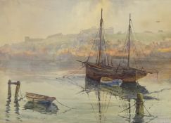 Jane Charlotte Halford (British exh.1900-1935): 'A Misty Morning at Whitby Harbour', watercolour