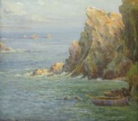 Clara Knight (British exh.1880-1940): Rocky Cove with Rowing Boat, watercolour signed