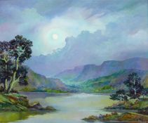 Bruce Kendall (British Contemporary): 'Loch Shin by Moonlight' North West Highlands,