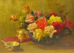 R A Foster (British exh.1898-1939): Still Life - Bowl of Roses, oil on board signed