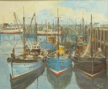 Don Micklethwaite (British 1936-): Fishing Boats and the Regal Lady in Scarborough Harbour,