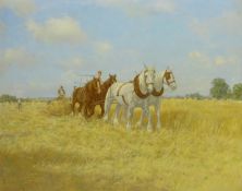 Walter Goodin (British 1907-1992): Harvesting with Horses, oil on board signed and dated '73,