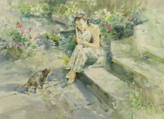 Gordon King (British 1939-): Young Woman with Cats in a Garden,