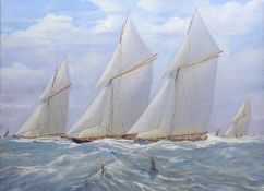 Michael J Whitehand (British 1941-): Gaff Rigged Big Class Yachts Rounding the Buoy,